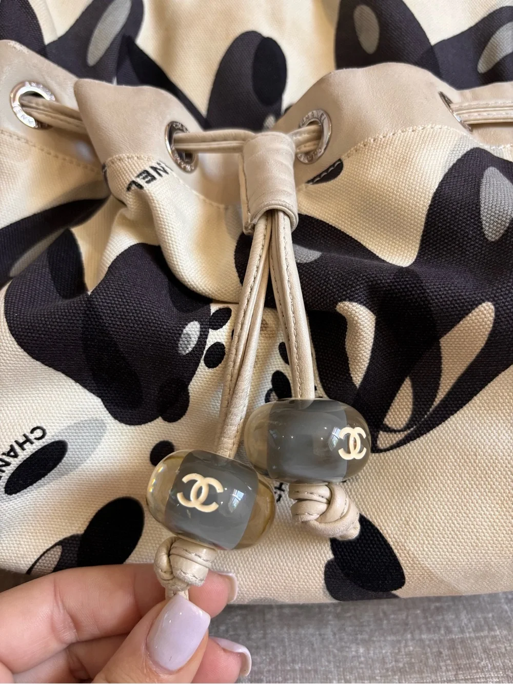 Authentic CHANEL vintage mini beige black Surfline canvas tote